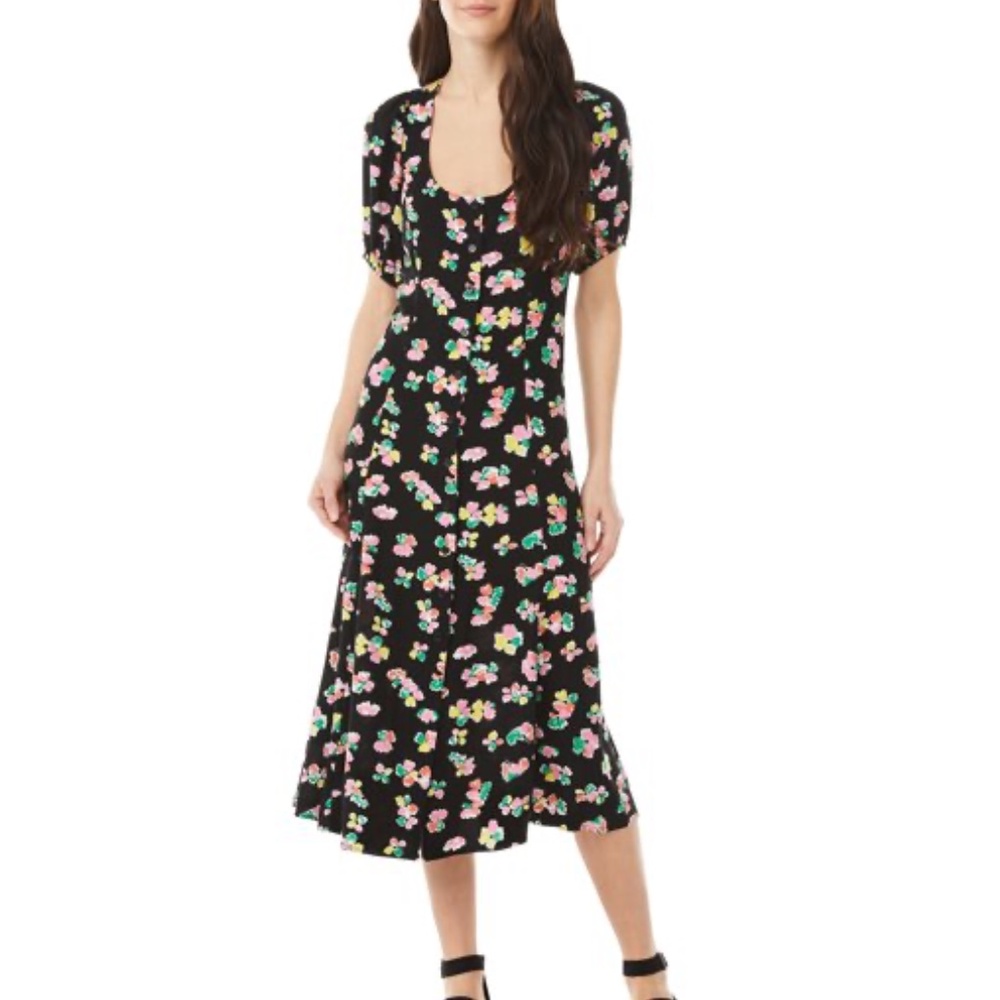 NWT Scoop Floral Black Print Puff-Sleeve Midi Dress